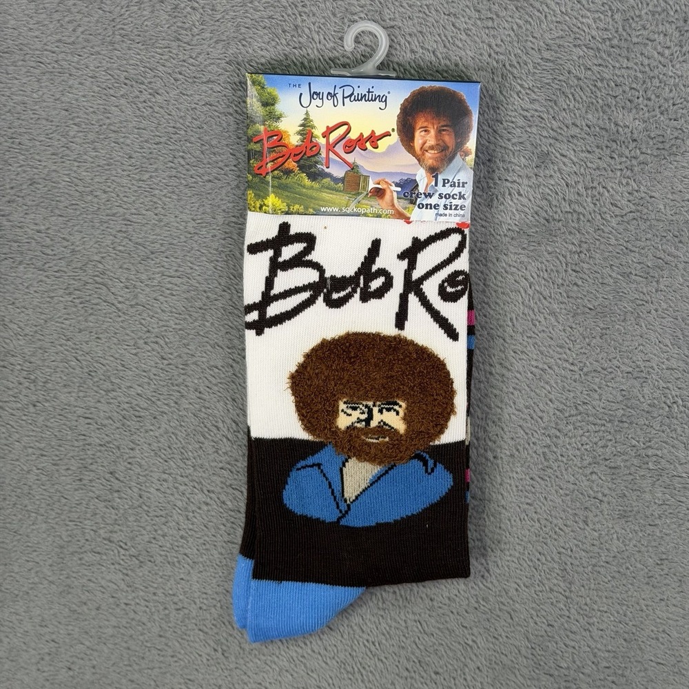 New Bob Ross Joy of Painting Brown Novelty Crew Socks Fuzzy Hair‎ 1 Pair